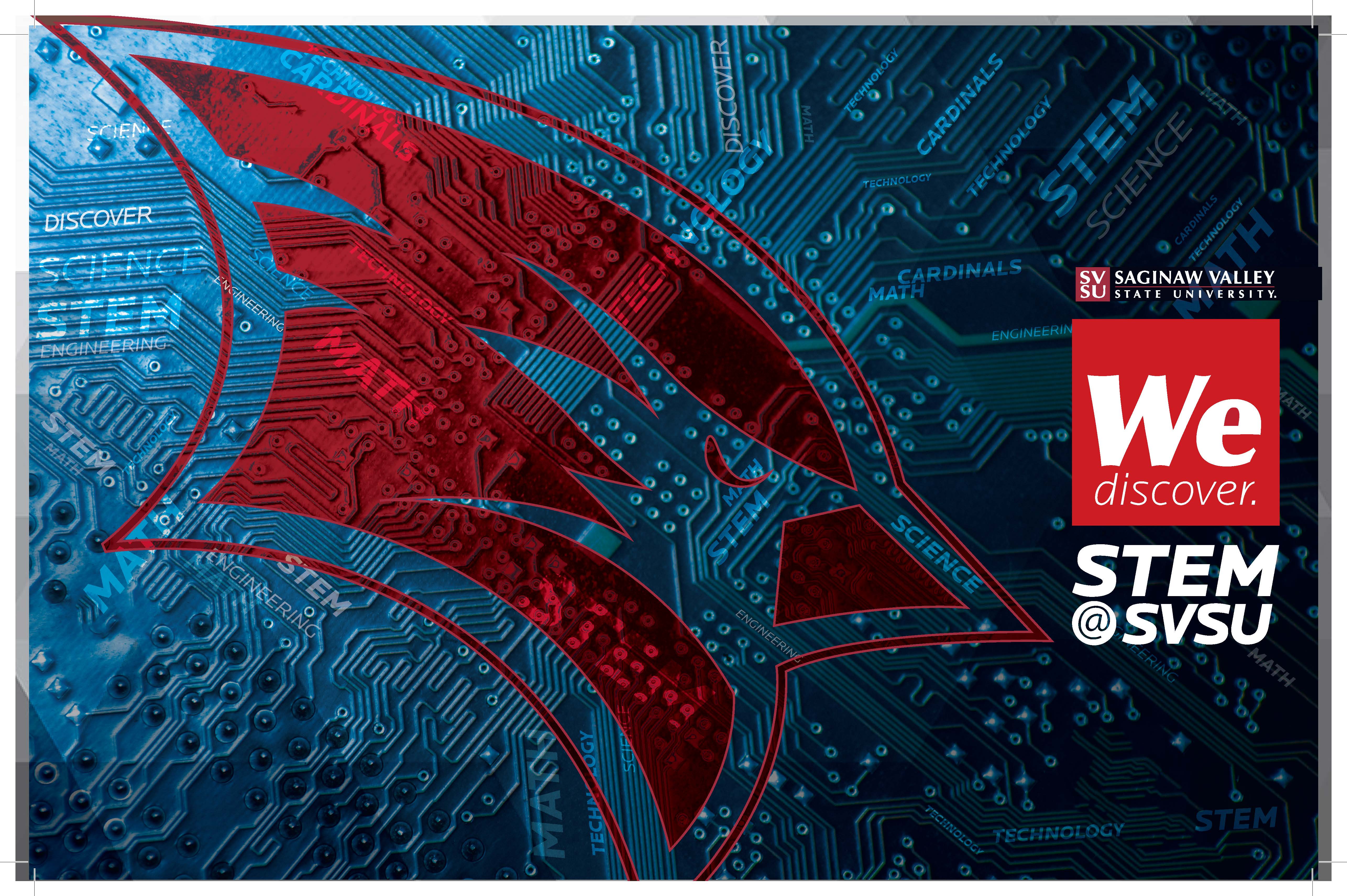 Red cardinal head over blue overlay with circuit board. Text reads: We Discover